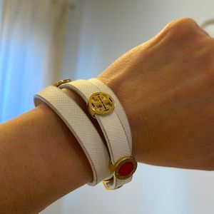 Tory Burch Leather Double Wrap Logo Stud Bracelet